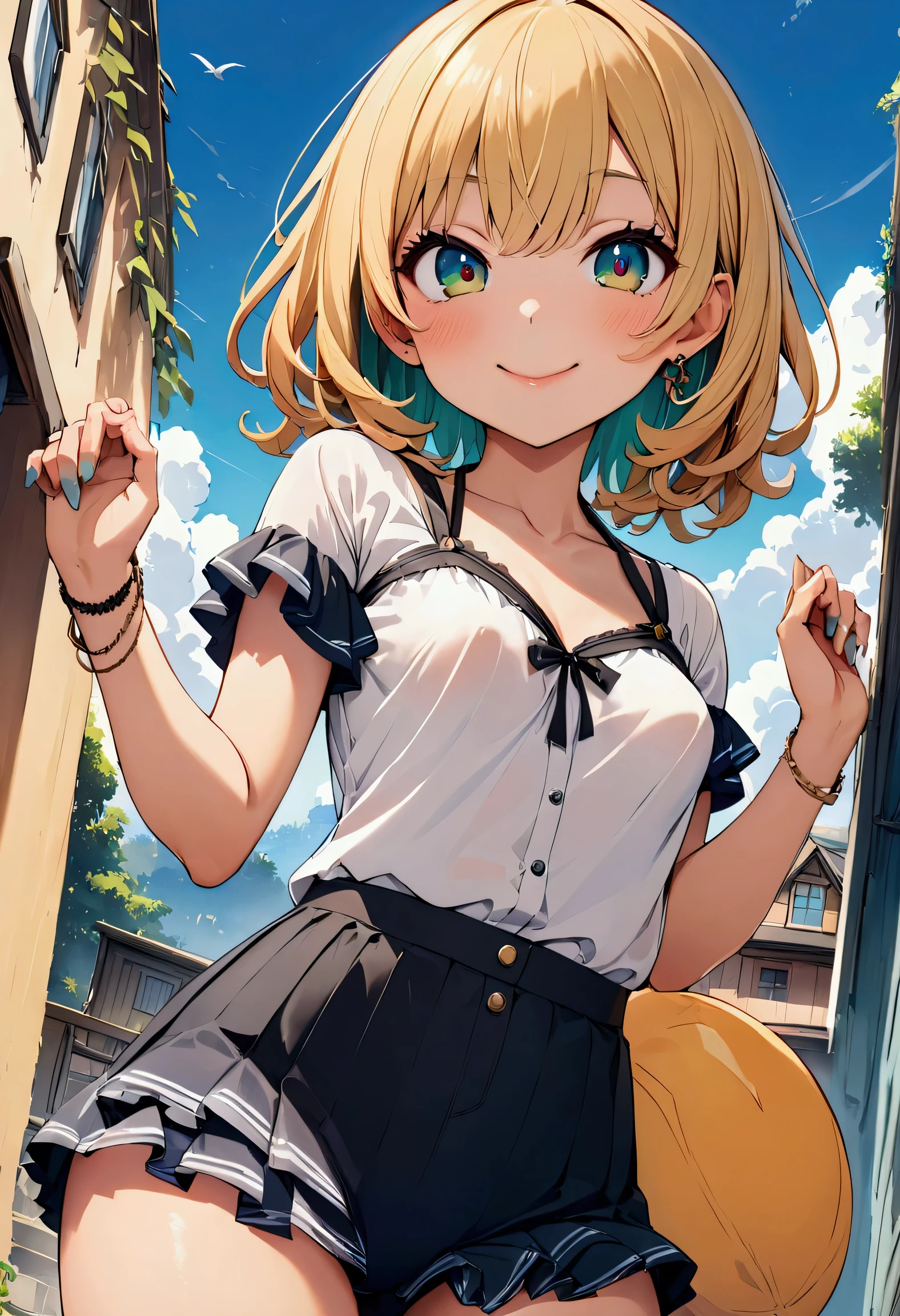 masutepiece, Best Quality, Illustration, Ultra-detailed, finely detail, hight resolution, 8K Wallpaper, Perfect dynamic composition, Beautiful detailed eyes, Women's Fashion Summer,Medium Hair,Small breasts natural color lip, Bold sexy poses,Smile,Harajuku、20 years girl、Cute、Sexy shot looking at camera