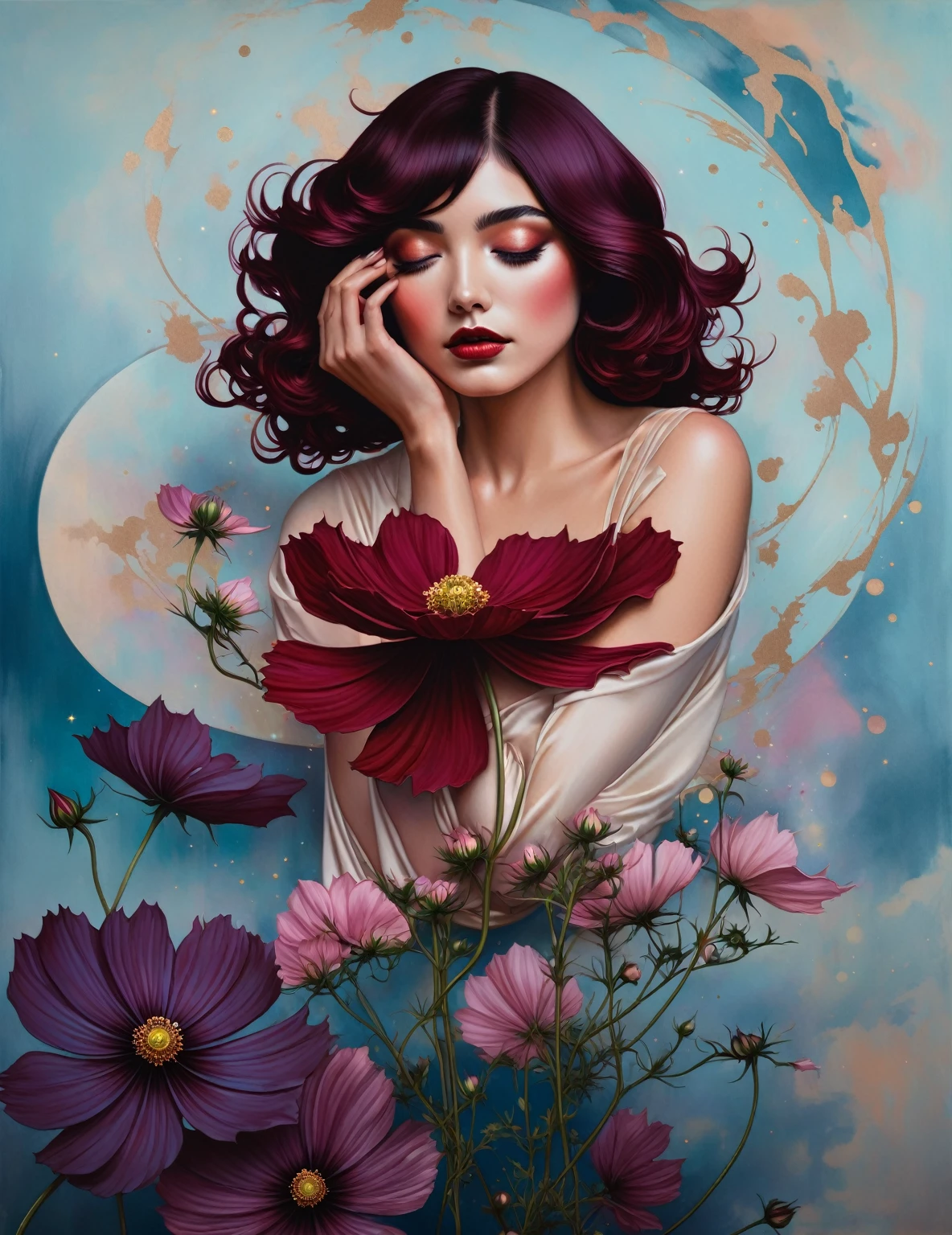 chiaroscuro technique on sensual illustration of an elegant , retro and vintage ,Chocolate Cosmos (Cosmos atrosanguineus) around body, matte painting, by Hannah Dale, by Harumi Hironaka, extremely soft colors, vibrant, pastel, highly detailed, digital artwork, high contrast, dramatic, refined, tonal, golden ratio,