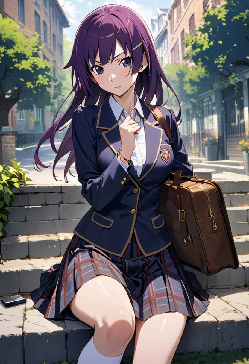 1girl, Senjougahara Hitagi, monogatari (series), masterpiece, best quality, absurdres, soft natural lighting, preppy school style, refined academic fashion, poised student pose, elite school campus setting, purple hair clothing:

Crisp white button-up shirt with a pointed collar
Navy blue blazer with gold buttons and a school crest on the breast pocket
Pleated plaid skirt in navy, burgundy, and subtle purple tones
Over-the-knee white socks
Polished brown leather loafers with penny slot detail

髪型:

Shoulder-length purple hair styled in a sleek, straight cut
Side part with a portion tucked behind one ear
Small, discrete hair clip with the school's emblem

アクセサリー:

Delicate gold watch with a leather strap
Simple pearl stud earrings
Thin gold necklace with a small pendant featuring the school's mascot
Stack of colorful thin bangle bracelets (a subtle rebellion against the strict dress code)

make:

naturals, Fresh-faced look with a hint of sophistication Light mascara and subtle eyeliner Soft pink lip gloss Well-groomed eyebrows Pose and environment:

Standing confidently with books held close to chest
Ivy-covered brick buildings in the background
Manicured lawns and old oak trees visible
Other students in similar uniforms milling about in the distance

小物:

Leather satchel-style school bag with the school's logo
Stack of textbooks tied with a leather strap
Fountain pen peeking out of the blazer pocket
Sleek smartphone with a classic tartan case