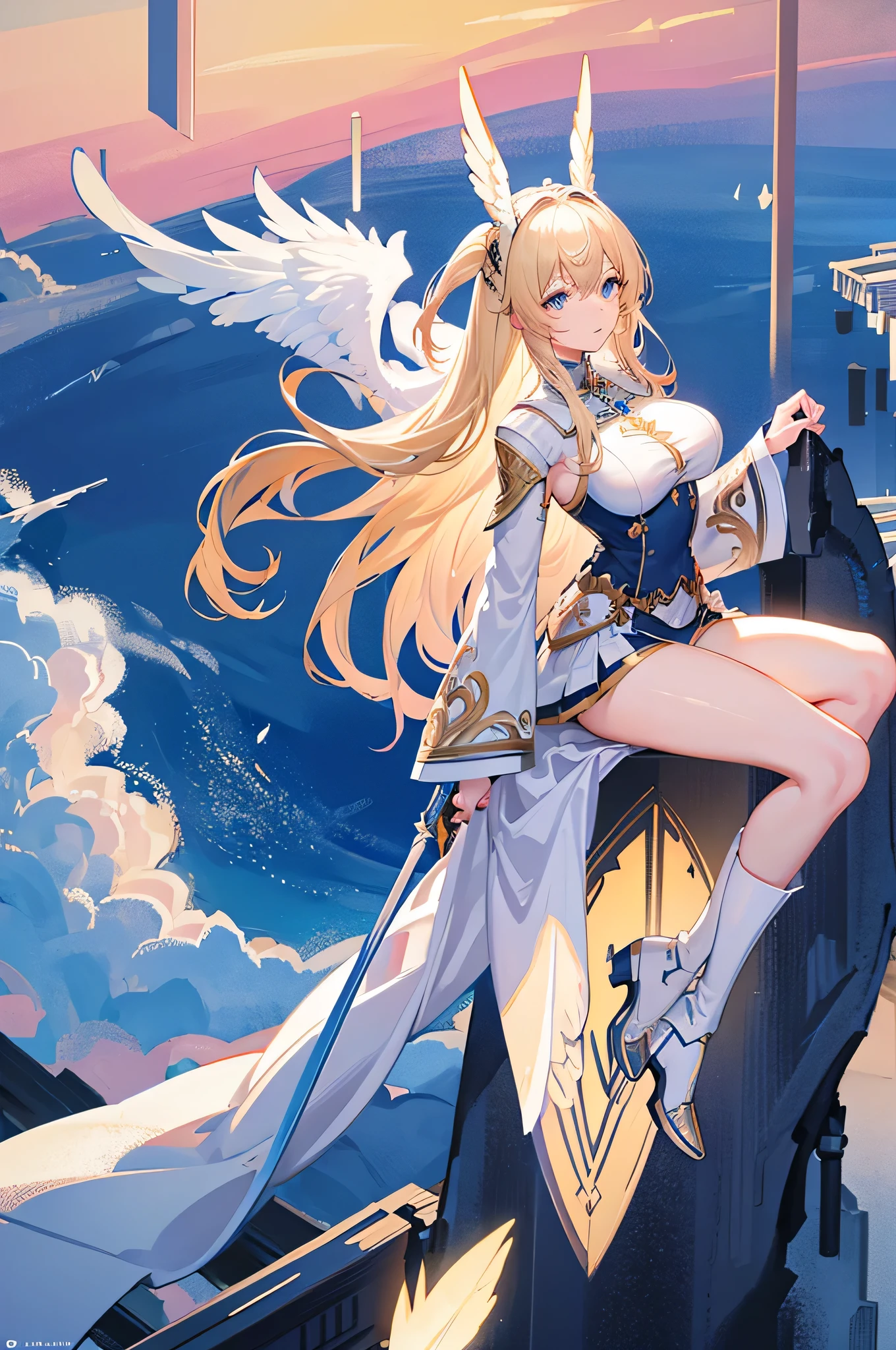 4K,High resolution,One Woman,Blonde,Long Hair,Blue Eyes,Big Breasts,Valkyrie,White sacred armor,Winged headgear,Blue boots,Jewelry decoration,Excalibur,Temple in the Sky