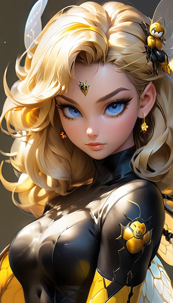 stunning and seductive pin-up style illustration in the spirit of anime, featuring a confident and curvaceous bee-girl with blonde hair and a unique twist. Emphasize her powerful physique, with muscular thighs and a toned abdomen, accentuated by her animal-themed outfit. Her most striking features include her voluminous blonde hair, glowing with golden highlights, and her large, captivating blue eyes with a hint of honey-like sparkle. Imagine her posing seductively, showcasing her ample assets, including her prominent breasts and thick thighs, while donning a creative blend of bee-inspired attire, perhaps with translucent wings and a playful stinger. The color palette should be warm and inviting, with soft golden hues and pops of amber and yellow, reflecting the essence of honey and sunshine. The lighting should be soft and flattering, creating a dreamy and ethereal atmosphere. This bee-girl embodies both strength and sensuality, captivating viewers with her unique blend of animalistic charm and anime allure."
