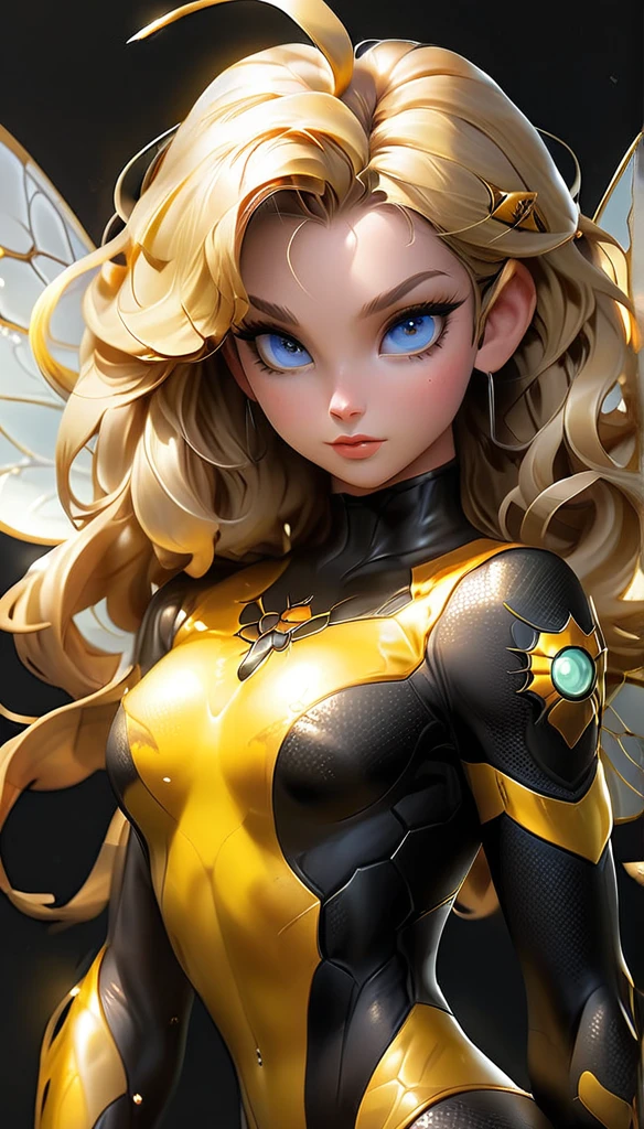 stunning and seductive pin-up style illustration in the spirit of anime, featuring a confident and curvaceous bee-girl with blonde hair and a unique twist. Emphasize her powerful physique, with muscular thighs and a toned abdomen, accentuated by her animal-themed outfit. Her most striking features include her voluminous blonde hair, glowing with golden highlights, and her large, captivating blue eyes with a hint of honey-like sparkle. Imagine her posing seductively, showcasing her ample assets, including her prominent breasts and thick thighs, while donning a creative blend of bee-inspired attire, perhaps with translucent wings and a playful stinger. The color palette should be warm and inviting, with soft golden hues and pops of amber and yellow, reflecting the essence of honey and sunshine. The lighting should be soft and flattering, creating a dreamy and ethereal atmosphere. This bee-girl embodies both strength and sensuality, captivating viewers with her unique blend of animalistic charm and anime allure."