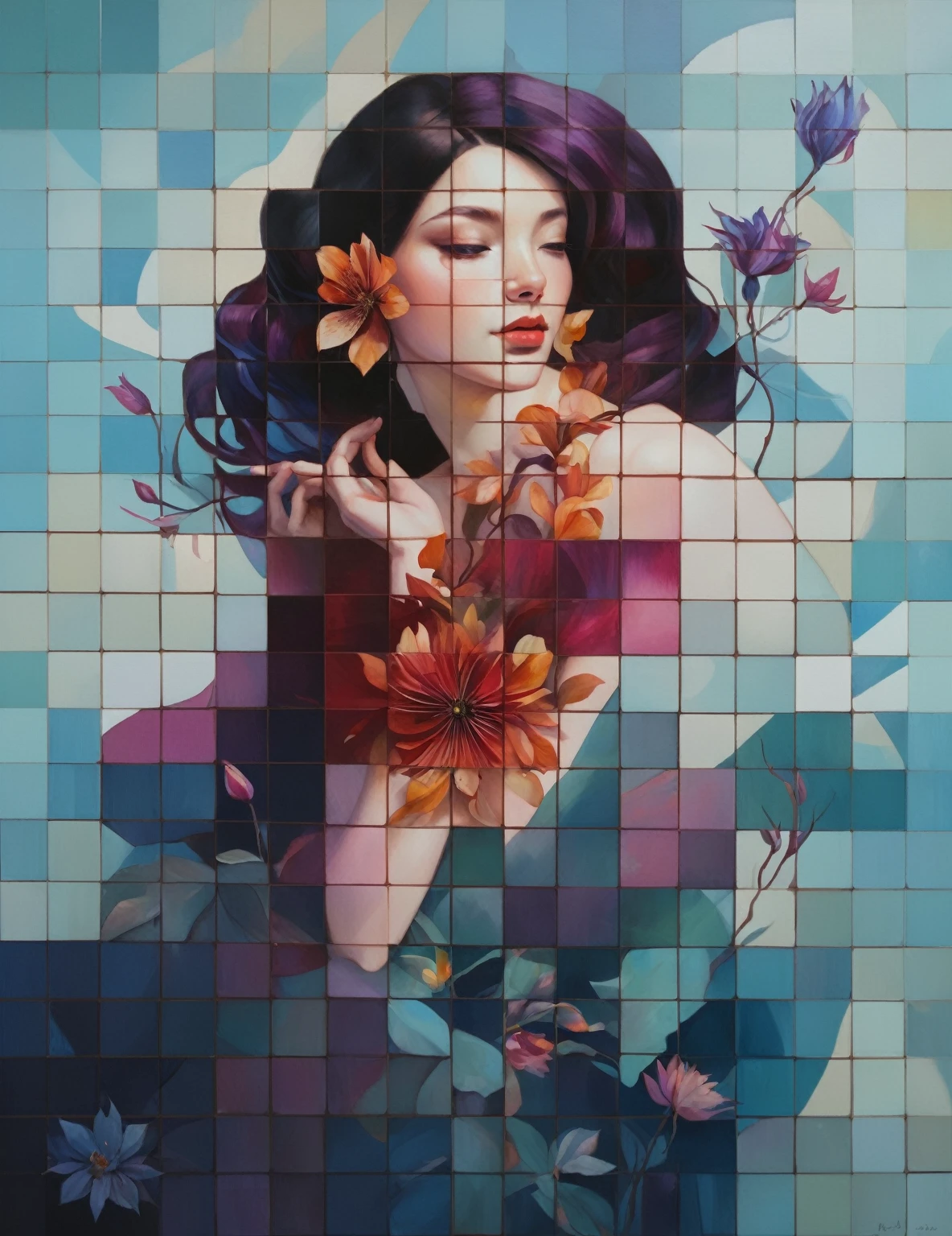 painting of a woman with flowers in her hair and a blue background, beeple and jeremiah ketner, jen bartel, jonathan yeo painting, in style of anna dittmann, valentina remenar, by Tran Nguyen, anna dittman, ryan hewett, by Galen Dara, jinyoung shin art, woman in flowers, inspired by Tran Nguyen