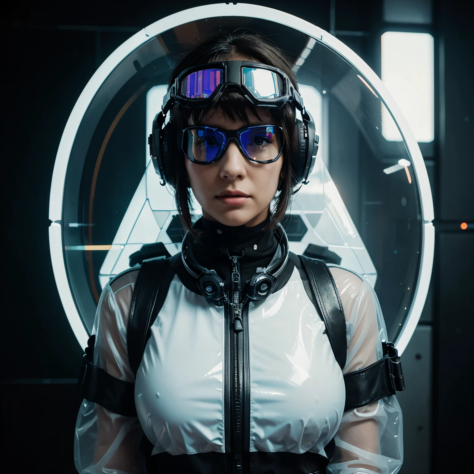 a close up of a woman wearing a futuristic plastic, PVC, polymer helmet and goggles ((transparent)), cyberpunk art by Beeple, trending on cgsociety, digital art, style hybrid mix of beeple, futuristic but colorful shading, beeple. hyperrealism, beeple style, cyberpunk vibrant colors, realism | beeple, futuristic art style, beeple!!