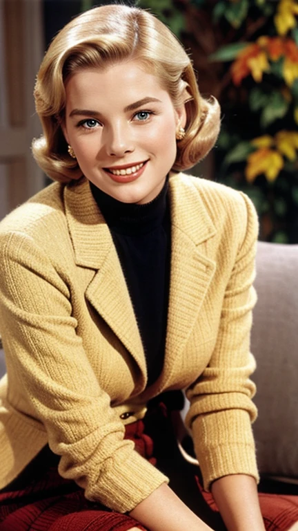 Grace Kelly dressed in sexy fall clothes and smiling