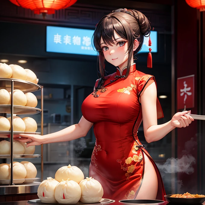 A woman in a Chinese dress making steamed meat buns at a Chinese restaurant Giant steamer