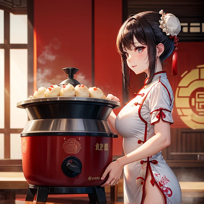 A woman in a Chinese dress making steamed meat buns at a Chinese restaurant Giant steamer