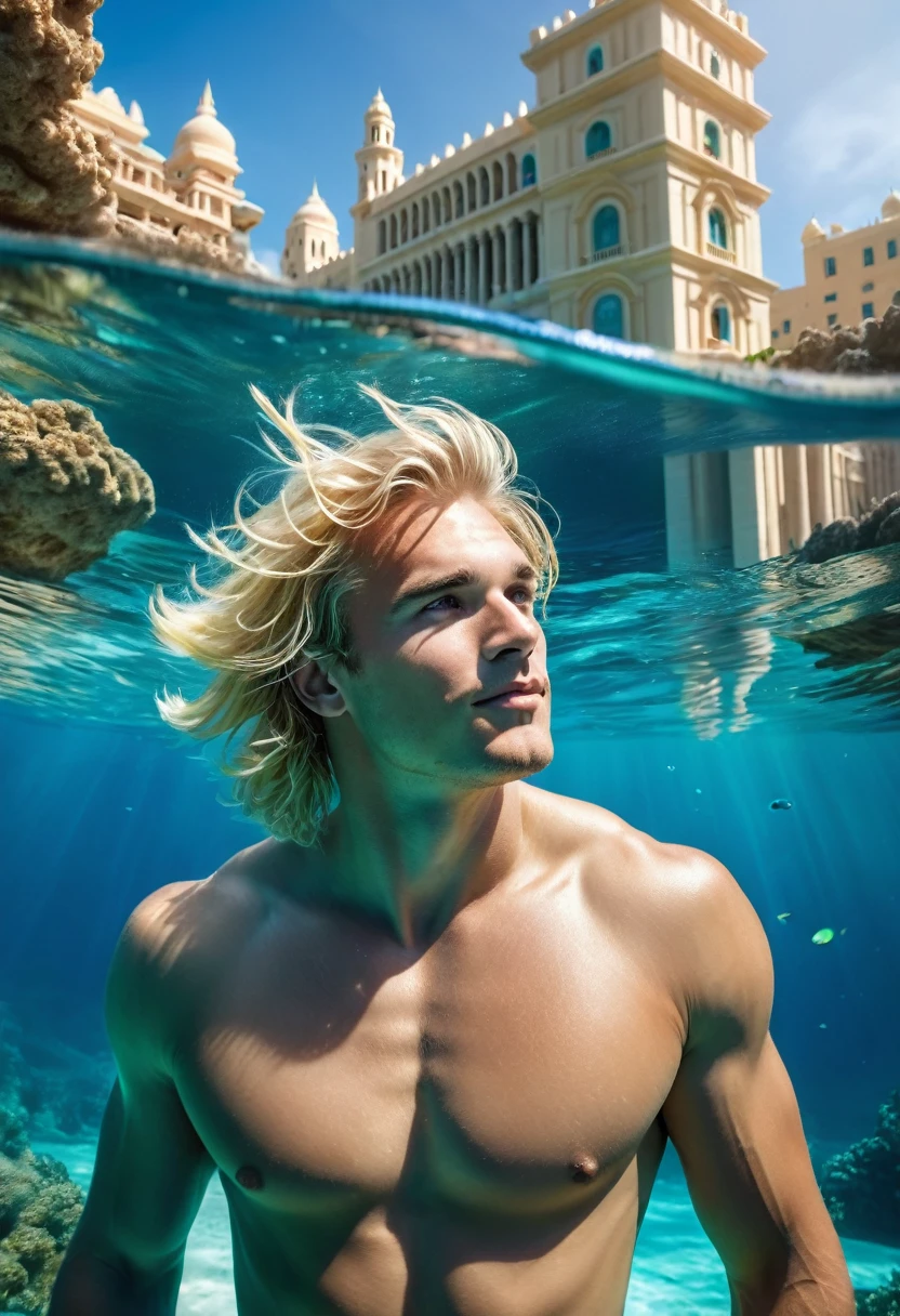 breathtaking A athletic blonde haired man on vacation enjoying the local  scene  at morning in Under the sea in the deep hidden city of Atlantis . award-winning, professional, highly detailed
