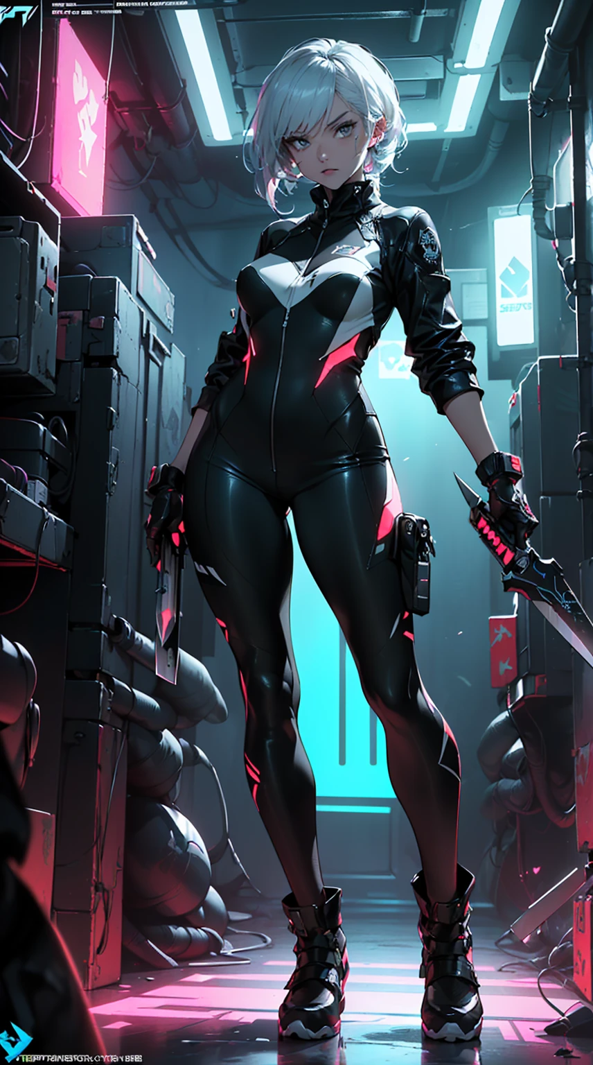 Design a layout showcase Gaming character, (1girl). Black+Silver clothes, sleek and modern, ((showcase weapon:1.4)), laser gun, (masterpiece:1.2), (best quality), 4k, ultra-detailed, (Step by step design, layout art:1.5), (neon lighting, cyber ambiance), cyberpunk, ((tech gloves)), (((revealing jumpsuit:1.3))), tech armor, combat boots, (((full_body_shot:1.4)))