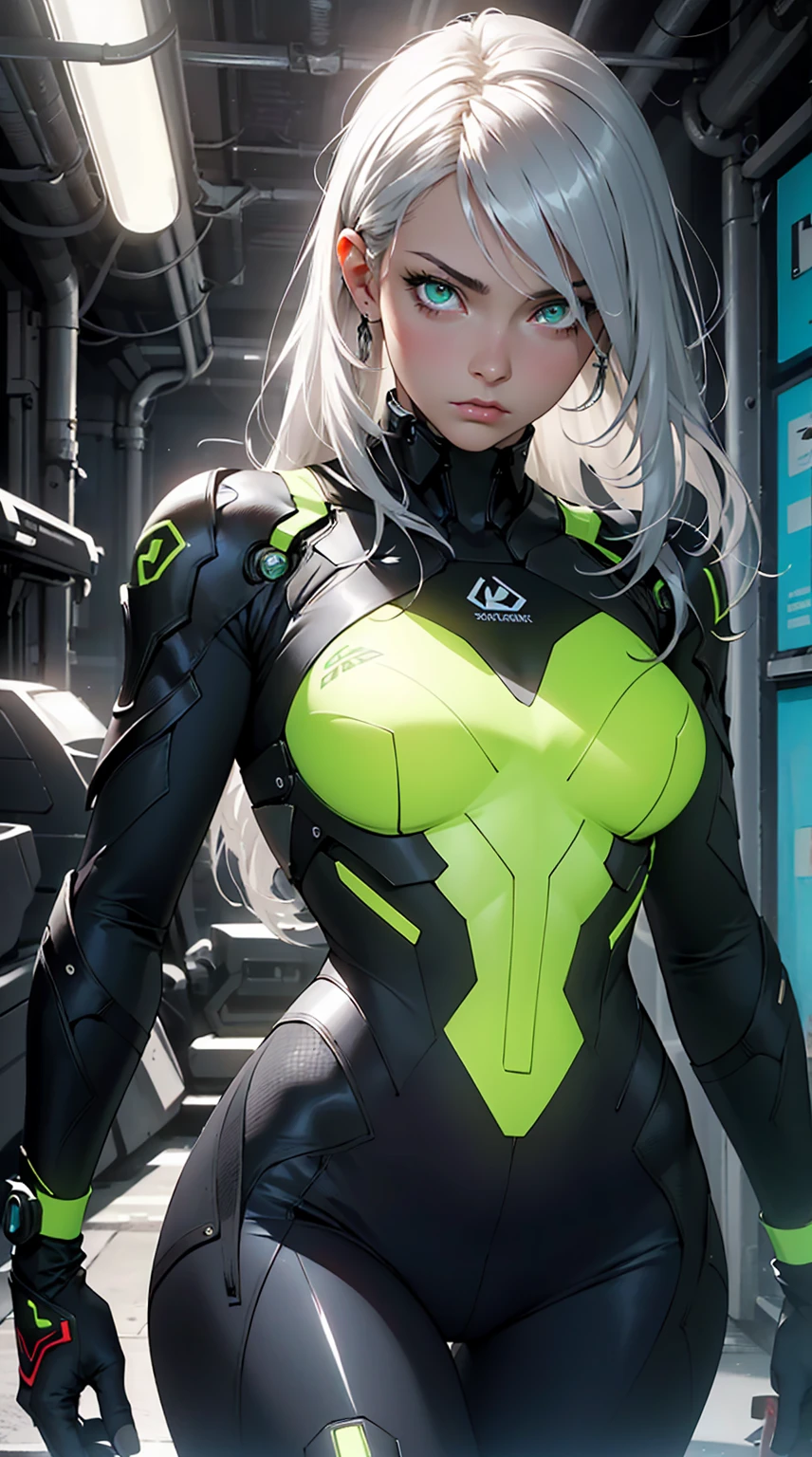 (best quality,realistic:1.37), solo female, full-body, long silver hair, light green eyes, emotionless expression, perfect face, bodysuit armor, amber glowing parts, sci-fi style, vibrant colors, futuristic lighting, detailed hair strands, metallic texture, sleek design, dynamic pose