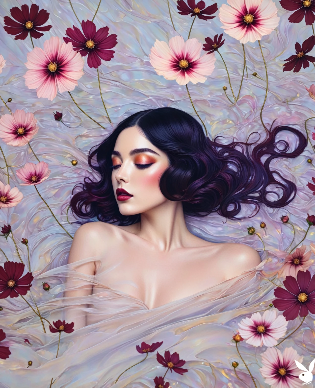 chiaroscuro technique on sensual illustration of an elegant , retro and vintage ,Chocolate Cosmos (Cosmos atrosanguineus) around body, matte painting, by Hannah Dale, by Harumi Hironaka, extremely soft colors, vibrant, pastel, highly detailed, digital artwork, high contrast, dramatic, refined, tonal, golden ratio,