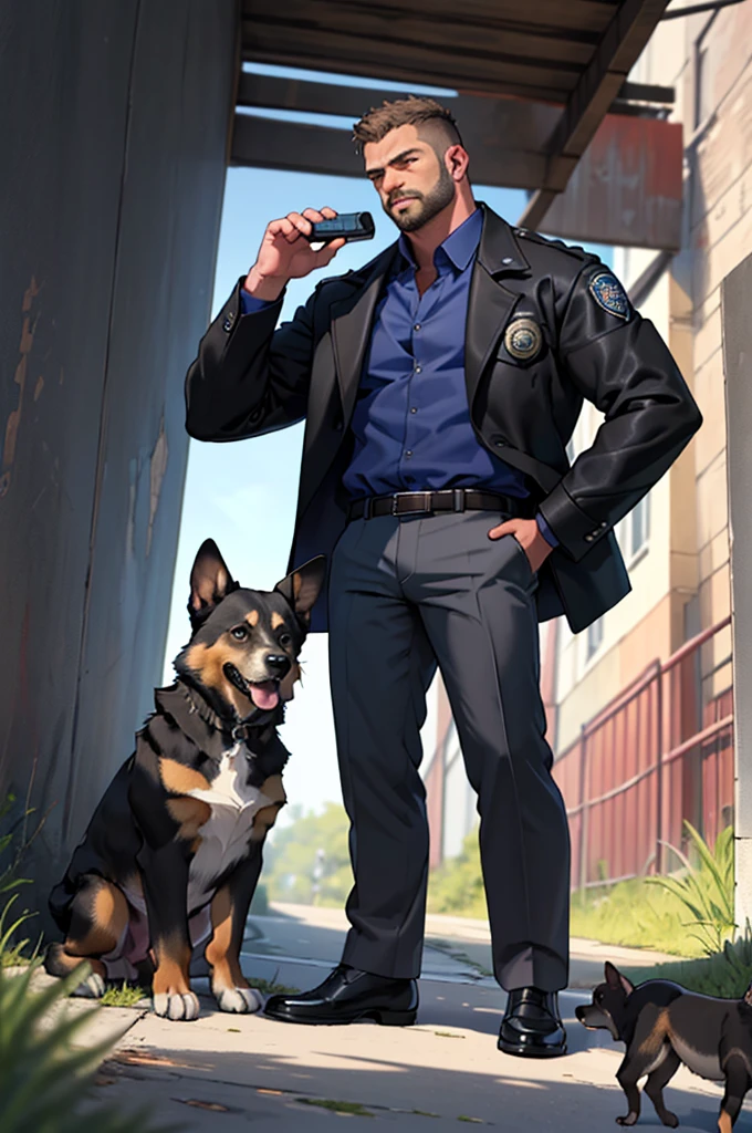 a man and a big K9 German Sheppard dog, blue formal shirt, brown leather jacket, facial hair, have a police badge on the belt, standing in a park, the man standing behind the dog, ((the high well detailed)), detailed face, bad ass shot, seen from the front, full body shot, low angle, close up on the dog, (looking up:1),