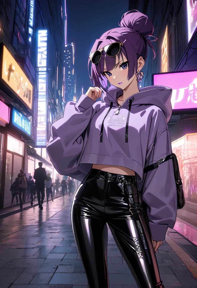 1girl, Senjougahara Hitagi, monogatari (series), masterpiece, best quality, absurdres, urban street lighting, street luxury style, high-end streetwear fashion, confident urban pose, trendy city street setting, purple hair clothing:

Oversized designer hoodie in soft heather gray with subtle purple accents
High-waisted, tailored black leather pants
Limited edition sneakers from a luxury brand collaboration, featuring purple details
Cropped tank top in white visible under the partially zipped hoodie

髪型:

Mid-length purple hair styled in a sleek, straight cut
Subtle undercut on one side with a geometric pattern
Part of the hair pulled back into a small, messy bun accessories:

Large, designer logo earrings in gold
Multiple layered gold chains of varying lengths
Luxury smart watch with a purple strap
Several statement rings, including one with a large amethyst

メイク:

Flawless complexion with a subtle glow
Bold, graphic eyeliner in metallic purple
Nude lip with a high-shine gloss
Well-defined, Pose and Environment:

Leaning against a graffiti-covered wall, one foot propped up
Urban streetscape with neon signs and skyscrapers in the background
Other fashionable pedestrians visible in the distance
Luxury cars parked along the street

小物:

Designer crossbody bag with prominent logo
Latest smartphone model with a custom designer case
Sleek reusable water bottle from a high-end brand
Designer sunglasses perched on top of the head