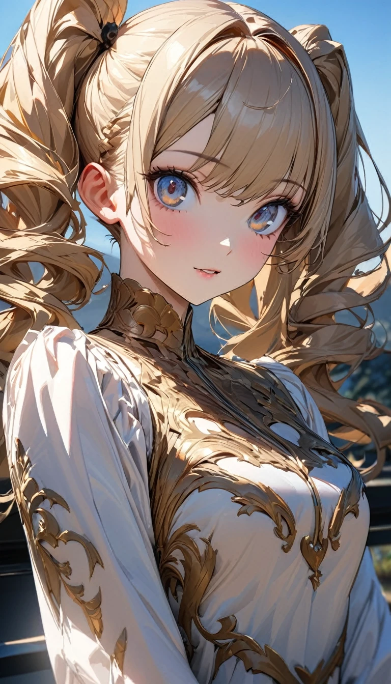 One person, woman, Ultra-high resolution, 超detailed, Highest quality, 8k,((Highest quality)), ((masterpiece)), (detailed),Face direction(front),Hair Color(Bright golden color,Fine hair quality), Hairstyle(Twin tails), background(blue sky,morning),eye(きれいなeye元), clothing(Private Server),expression(Exquisite features depicting a perfect face),Body Type(model,Naturally beautiful),Perfect hands,完璧なwoman像, Dramatic Shadows,Cute pose,Anime characters, Persona 5(Apricot Takamaki)
