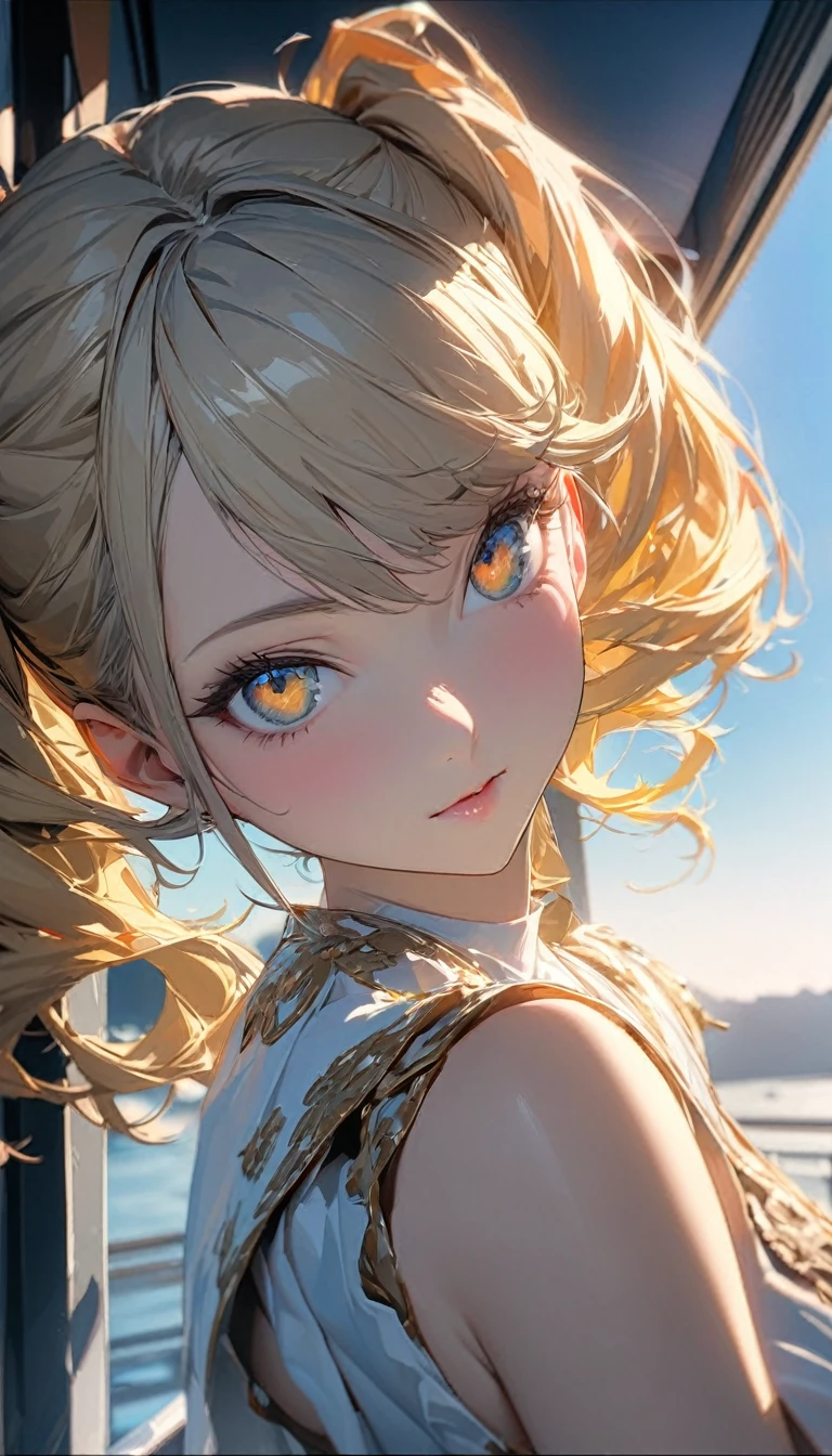 One person, woman, Ultra-high resolution, 超detailed, Highest quality, 8k,((Highest quality)), ((masterpiece)), (detailed)，Face direction(front)，Hair Color(Bright golden color，Fine hair quality), Hairstyle(Twin tails), background(blue sky，morning)，eye(きれいなeye元), clothing(Private Server)，expression(Exquisite features depicting a perfect face)，Body Type(model，Naturally beautiful)，Perfect hands，完璧なwoman像, Dramatic Shadows，Cute pose，Anime characters, Persona 5(Apricot Takamaki)