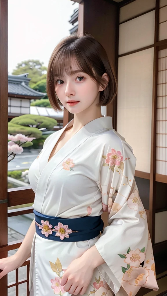 ((best quality)), photorealistic, photorealism, Photorealistic, high resolution, Beautiful, , 20 Years Old, White Skin, pale skin, medium breast, seductive pose, dynamic pose, looking at the camera, (Detailed face), short hair, sexy body, (wearing japanese kimono), (japanese flowers motif kimono), Fingers are occluded, bokeh, cafe background