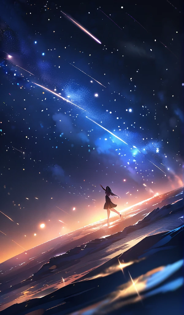 (((A meteor shower dancing in the night sky, countless stars twinkling in the clear air, a beautiful starry sky in the night))), mountain, a girl on wavy water surface, bobcut, bare legs, (best quality, 4K, 8K, highres, masterpiece:1.2, ultra-detailed, HDR, uhd, studio lighting, ultra-fine painting, sharp focus, physically-based rendering, extreme detail description, professional, vivid colors, bokeh)