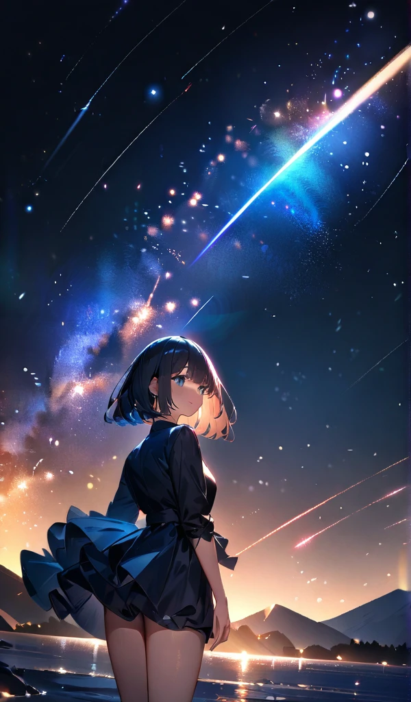 (((A meteor shower dancing in the night sky, countless stars twinkling in the clear air, a beautiful starry sky in the night))), mountain, a girl on wavy water surface, bobcut, bare legs, (best quality, 4K, 8K, highres, masterpiece:1.2, ultra-detailed, HDR, uhd, studio lighting, ultra-fine painting, sharp focus, physically-based rendering, extreme detail description, professional, vivid colors, bokeh)