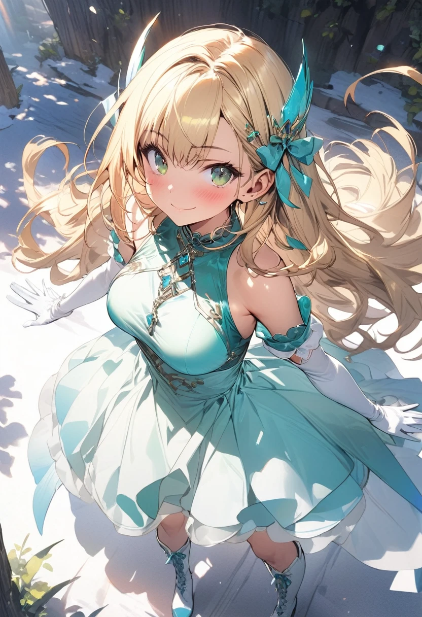 (masterpiece),(best quality),(ultra-detailed),(best illustration),(best shadow),(absurdres),(detailed background),(very aesthetic), 1girl, green-eyes, solo, gloves, blonde-hair, ((long-hair)), white-gloves, looking-at-viewer, full-body, simple-background, boots, dress, breasts, smile, standing, hair-ornament, closed-mouth, bangs, outstretched-arms, knee-boots, medium-breasts, bare-shoulders, detached-sleeves, ribbon, headgear, blush, sleeveless, elbow-gloves, skirt