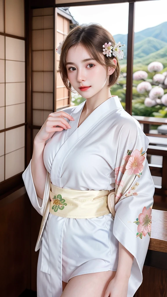 ((best quality)), photorealistic, photorealism, Photorealistic, high resolution, Beautiful, Baby Face, 20 Years Old, White Skin, pale skin, medium breast, seductive pose, dynamic pose, looking at the camera, (Detailed face), short hair, sexy body, (wearing japanese kimono), (japanese flowers motif kimono), Fingers are occluded, bokeh, cafe background