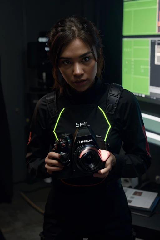 /person A high-quality videographer capturing stunning visuals. The videographer is depicted with a top-tier camera setup, such as a Black Magic Design URSA Broadcast G2 Camera with Fujinon 2/3" Mount LA16x8BRM-XB1A Lens with a Sigma 50mm f/1.4 DG HSM Art Lens, filming in a scenic location. The scene is highly detailed, shot in 8K resolution to ensure photorealistic quality. The lighting is perfect, creating a cinematic effect with a shallow depth of field that focuses on the videographer and the camera, blurring the background into a beautiful bokeh. The videographer's concentration and passion are evident in their expression, highlighting their dedication to capturing the perfect shot. Use Unreal Engine 5 to render the scene with hyperrealistic detail, ensuring every aspect, from the textures on the camera to the videographer's attire, exudes professionalism and artistry.  in a digital world   and the binary code moving behind the videographer and the binary code is in hues ranging from electrical green, and  neon red and Fred    are  black and red .The binary code is moving in the silhouette of videographer and  the binary code  is testament to the seamless integration of technology ,8k,ultra HD,3d render,ultrafinedetailed,beautifully designed, isometric,50mm lens ,warm-lighting,awesome neon rainbow colors.71959296