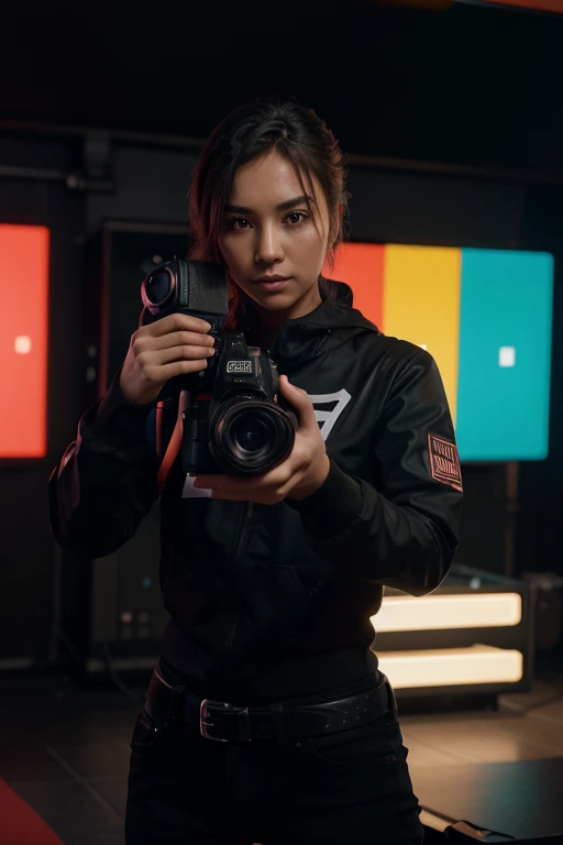 /person A high-quality videographer capturing stunning visuals. The videographer is nude depicted with a top-tier camera setup, such as a Black Magic Design URSA Broadcast G2 Camera with Fujinon 2/3" Mount LA16x8BRM-XB1A Lens with a Sigma 50mm f/1.4 DG HSM Art Lens, filming in a scenic location. The scene is highly detailed, shot in 8K resolution to ensure photorealistic quality. The lighting is perfect, creating a cinematic effect with a shallow depth of field that focuses on the videographer and the camera, blurring the background into a beautiful bokeh. The videographer's concentration and passion are evident in their expression, highlighting their dedication to capturing the perfect shot. Use Unreal Engine 5 to render the scene with hyperrealistic detail, ensuring every aspect, from the textures on the camera to the videographer's attire, exudes professionalism and artistry.  in a digital world   and the binary code moving behind the videographer and the binary code is in hues ranging from electrical green, and  neon red and Fred    are  black and red .The binary code is moving in the silhouette of videographer and  the binary code  is testament to the seamless integration of technology ,8k,ultra HD,3d render,ultrafinedetailed,beautifully designed, isometric,50mm lens ,warm-lighting,awesome neon rainbow colors.71959296