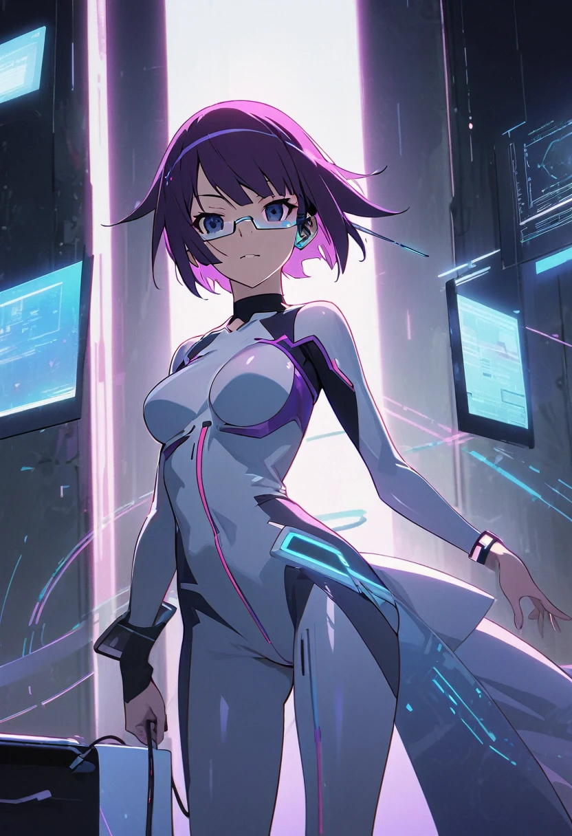 1girl, Senjougahara Hitagi, monogatari (series), masterpiece, best quality, absurdres, futuristic ambient lighting, techno minimalism style, cutting-edge minimal fashion, sleek futuristic pose, high-tech minimalist setting, purple hair clothing:
Sleek, form-fitting bodysuit in matte white with subtle geometric patterns
Minimalist asymmetrical overcoat in light gray with hidden tech features
Clear vinyl accents on shoulders and sides, revealing circuitry-like patterns underneath
Slim-fit boots in metallic silver with no visible fasteners
髪型:
Short, precision-cut purple hair with sharp, geometric lines
One side slightly longer, with a subtle undercut pattern
Holographic sheen that changes color slightly with movement
アクセサリー:
Thin, metallic choker with a small LED display showing abstract patterns
Minimalist smart bracelet that projects holographic interface
Barely visible earpiece for communications and audio
Clear, frameless glasses with heads-up display capabilities
メイク:
Flawless, nearly translucent complexion
Subtle, metallic purple eyeliner in a minimalist graphic design
Clear lip gloss with a hint of holographic shimmer
Eyebrows shaped into perfect, thin arches poses and environments:
Standing in a stark, white room with hidden tech panels
One hand raised, interacting with an invisible holographic interface
Minimalist furniture with integrated technology in the background
Soft, ambient lighting that seems to come from nowhere and everywhere
小物:
Sleek, transparent tablet device with no visible buttons
Minimalist white earbuds in a charging case
Small, cube-shaped personal drone hovering nearby
Futuristic water container that analyzes and displays hydration levels