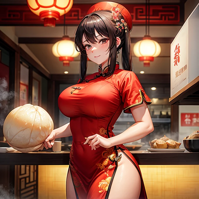 A woman in a Chinese dress making steamed meat buns at a Chinese restaurant　Giant steamer　Large Breasts