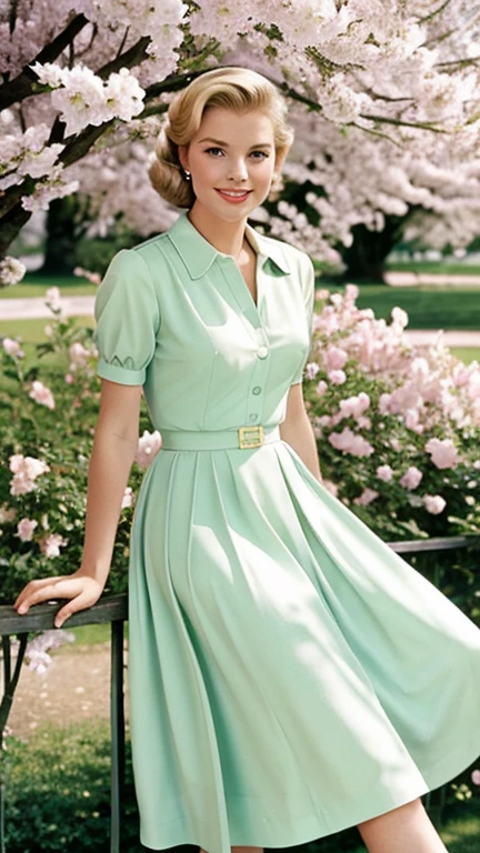 Grace Kelly dressed in spring clothes and smiling