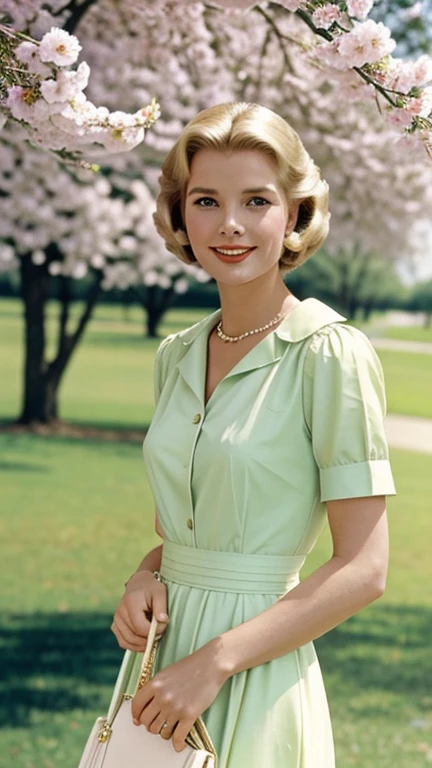 Grace Kelly dressed in spring clothes and smiling