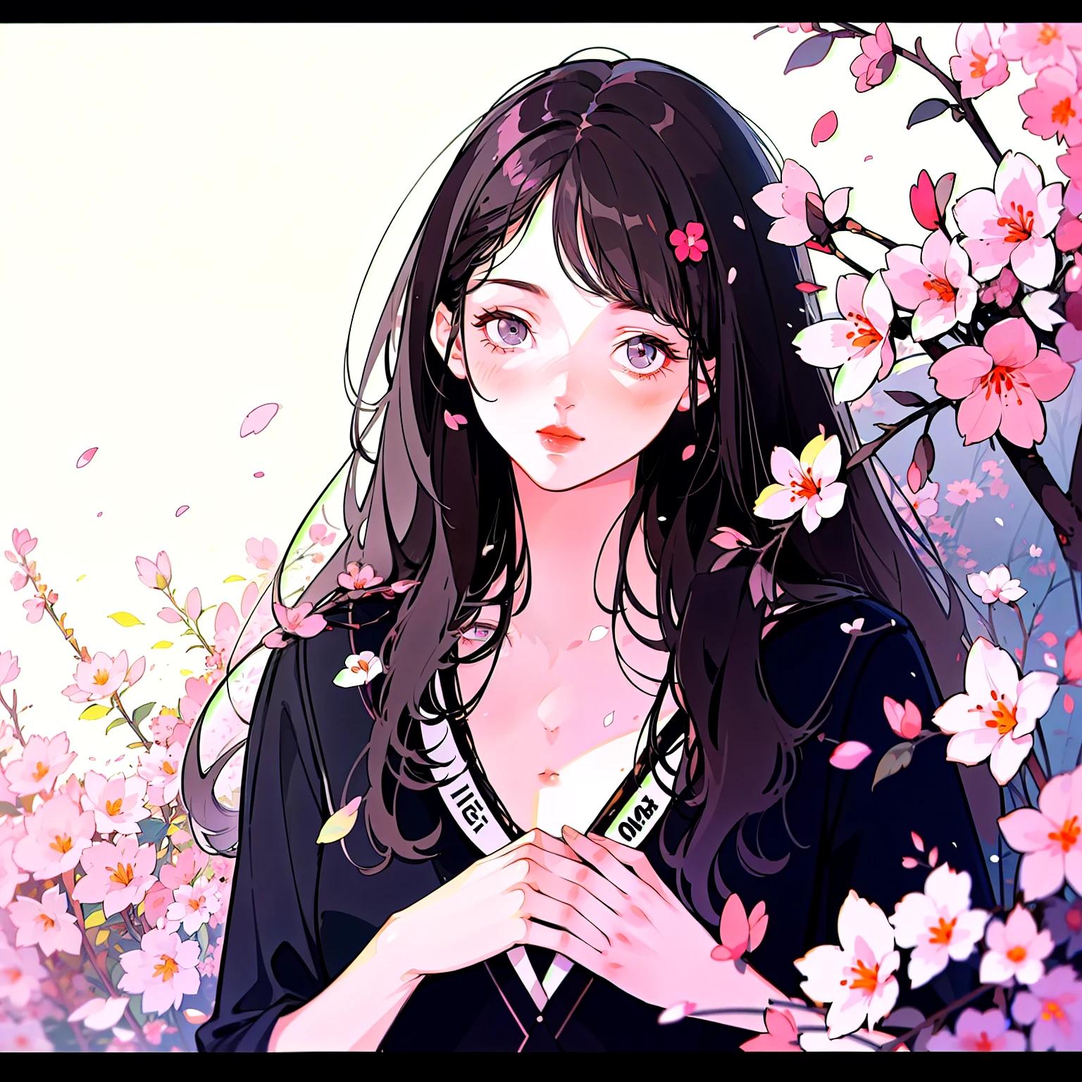 (Girl:1.5),race,ribbon,(masterpiece, Side light, Beautiful detailed grey eyes: 1.2), Mid-chest, Realistic, Glowing Eyes,Shiny Hair,Black Hair,Long, long hair, Shiny skin, alone, Embarrassing,Strapless,Exquisite,beautifully,garden,Flowers,Fluttering petals, barefoot, Cherry Blossom, Cinematic Light, Structure of the film, Rich Expressions