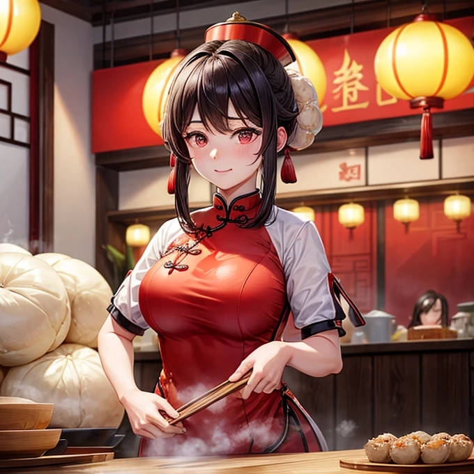 A woman in a Chinese dress making steamed meat buns at a Chinese restaurant Giant steamer Large Breasts