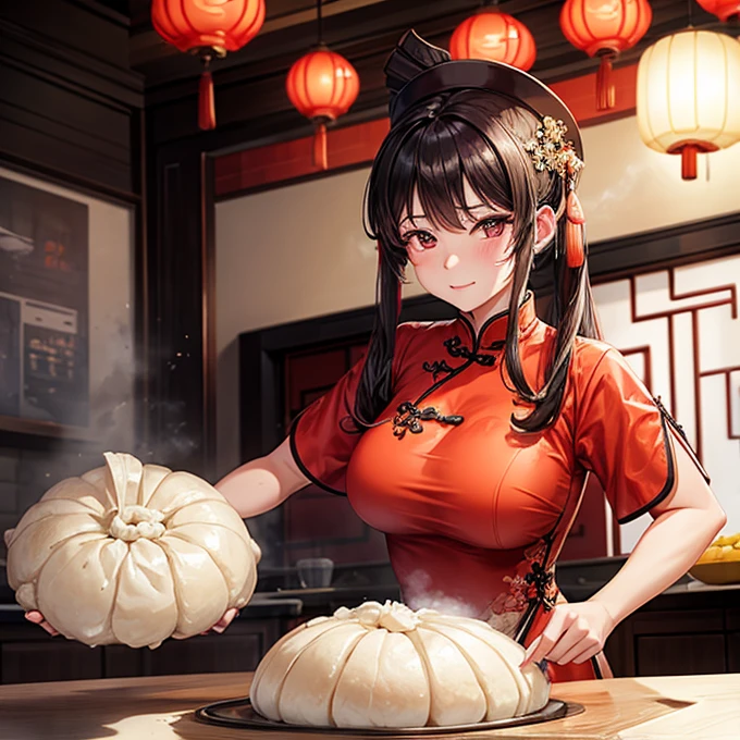 A woman in a Chinese dress making steamed meat buns at a Chinese restaurant Giant steamer Large Breasts