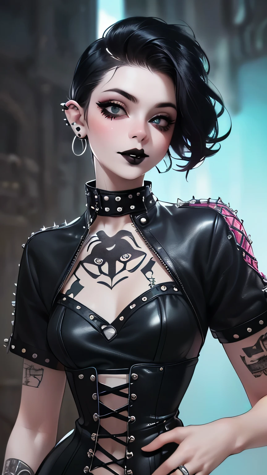 (UHigh resolution, retina, masterpiece, Accurate, Anatomically correct, Textured skin, Very detailed, Attention to detail, high quality, 最high quality, High resolution, 1080P, High resolution, 4K, 8k, 16K), (Beautiful details, Beautiful lip detail, Very detailedな目と顔),(masterpiece:1.2, 最high quality), (Realistic, photoRealistic:1.4), Beautiful illustrations, (Natural Side Lighting, Cinema Lighting), Looking at the audience, Upper Body, (Front view), 1 girl, Perfect Face, Symmetrical cute face, Glowing Skin, Baby Face, Long eyelashes, (Center of chest), (Wide Hips:1.2),Shortcuts,Beautiful Hair, Beautiful Face, Beautiful and beautiful eyes, Beautiful body, Beautiful breasts, Beautiful thighs, Beautiful legs, Beautiful fingers,
(Beautiful views),16 years old,Pale skin,Woman in black corset and goth hair, With earrings, One Girl, alone, Black Hair, short hair, ring,(pierce:1.5),(Punk Style:1.5),(Gothic Dress),(Black Lips:1.7),