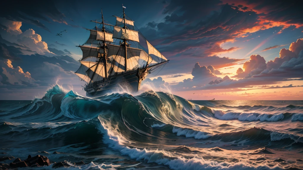 masterpiece, beautiful art, emotionally moving, dark colorful sky, large pirate ship, beautiful swelling waves, wet beach, large craggy rocks