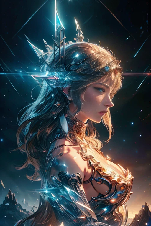 intricate ornate anime cgi style, super detailed fantasy characters, 4K highly detailed digital art, karol bak uhd, cyborg goddess in cosmos, beautiful digital works of art, 2. 5 d cgi anime fantasy artwork, Goddess. extremely high detail, portrait of cyborg queen, extremely detailed goddess shot, Half body machine, Inorganic, Next generation high performance cyborg, Goddess of Machines, The perfect cyborg, A masterpiece created by ultra-high performance AI, Best Quality, Perfect Angle, perfect-composition, sharp outline, Best Shots, perfect shapes, perfect model style, Very beautiful and detailed eyes, Hollow eyes