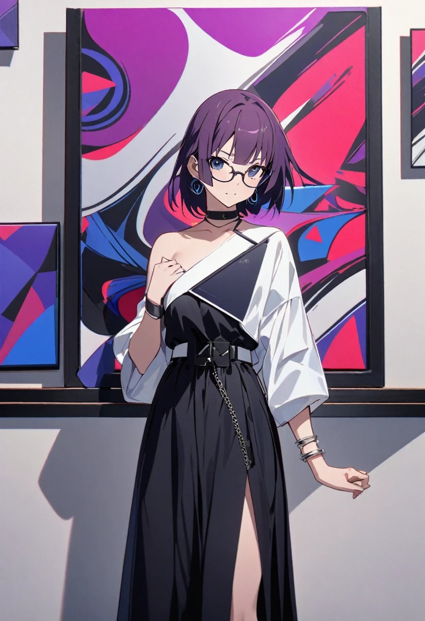 1girl, Senjougahara Hitagi, monogatari (series), masterpiece, best quality, absurdres, soft gallery lighting, art gallery chic style, sophisticated avant-garde fashion, contemplative artistic pose, modern art gallery setting, purple hair clothing:
Asymmetrical black dress with architectural shapes and draping
One shoulder exposed, featuring a detachable sculptural piece resembling a modern art installation
Wide-leg palazzo pants in crisp white, visible beneath the dress's high slit
Avant-garde heels with clear acrylic and metallic elements
髪型:
Medium-length purple hair styled in a sleek, angular bob
Blunt cut with one side longer than the other
Subtle undercut with a pattern inspired by abstract art
アクセサリー:
Large, abstract-shaped earrings in brushed silver
Minimalist cuff bracelet resembling a miniature sculpture
Thin, layered necklaces with small geometric pendants
Artistic rings that look like tiny abstract sculptures
メイク:
Flawless, matte complexion
Bold, graphic eyeliner in black, inspired by modern art
Lips in a matte, Deep plum shade Subtle highlight on cheekbones for a sculpted look Pose and environment:
Standing thoughtfully in front of a large abstract painting
One hand lightly touching chin in a contemplative gesture
Surrounded by various modern art pieces and sculptures
Clean, white gallery walls with strategic spotlighting
小物:
Clutch bag shaped like a famous art piece
Sleek tablet for browsing digital art catalogs
Minimalist glasses with artistic frames
Exhibition guide rolled up and held casually