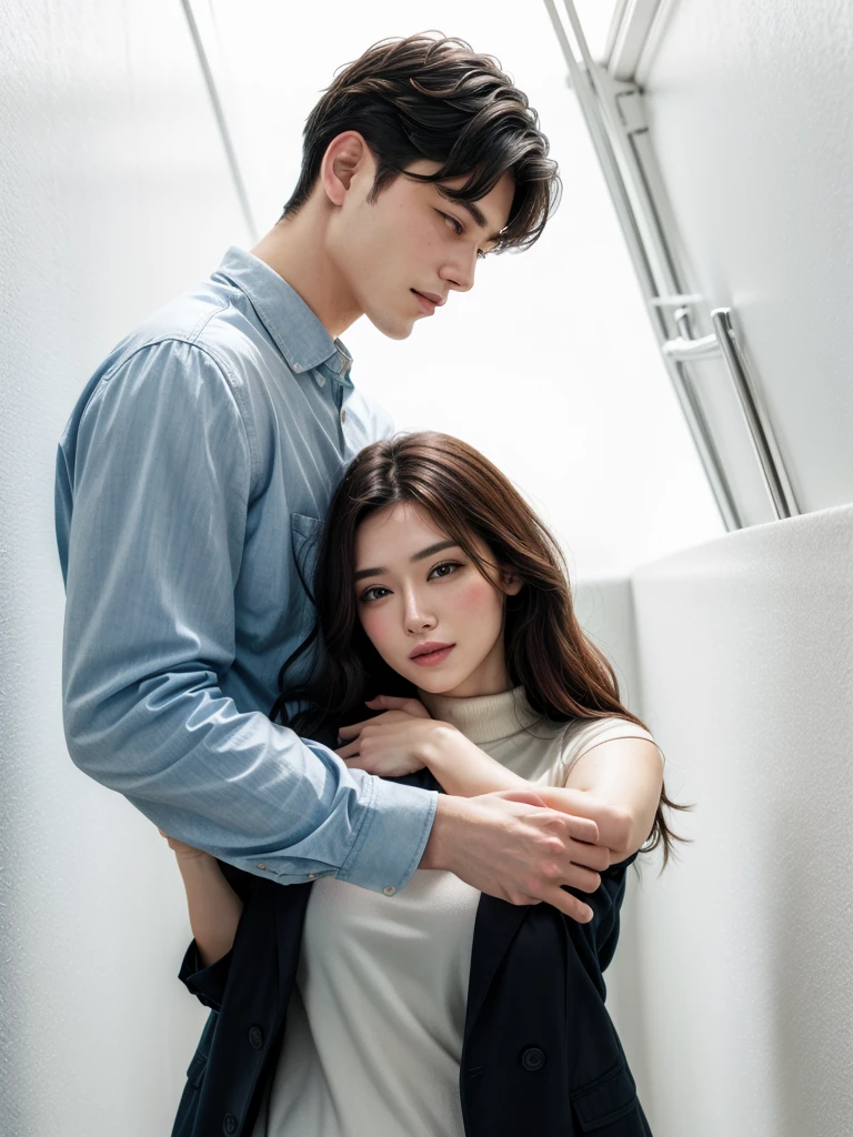 a man holding a woman&#39;s head in his hands, BTS&#39;s Jungkook gently holds Wonyoung&#39;s head in his hands. Wonyoung has blonde hair, Jungkook has black hair and blue eyes. Romantic couple
