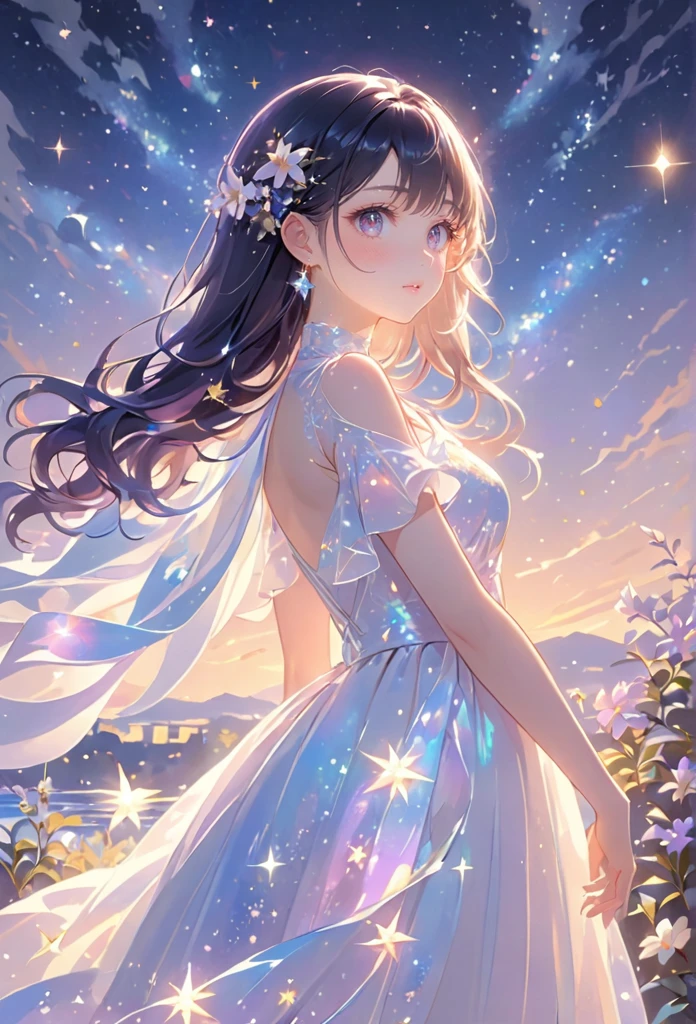 A girl standing alone under the starry night sky, with her silhouette illuminated by the soft moonlight and twinkling stars. Her face is beautifully detailed, with mesmerizing eyes that seem to reflect the universe itself, long and fluttering eyelashes, and exquisitely defined lips. She has knee length dark navy hair that shimmers like the starry sky and is dressed in an elegant gown, flowing and ethereal, embracing her figure gracefully as it glimmers with a subtle celestial glow. The intricate details of her dress catch the faint starlight, creating a mesmerizing sparkle. The surrounding landscape showcases a serene garden, lush with vibrant foliage and colorful flowers. The air is filled with a gentle breeze, causing the leaves to rustle and the flowers to sway delicately. The garden is bathed in a dreamy color palette, with hues of deep blues, purples, and hints of silver. The atmosphere is calm and tranquil, evoking a sense of peace and serenity. The artwork is of the highest quality, meticulously created with ultra-detailed brushstrokes and precise attention to every element. The texture and depth of the painting are breathtaking, with a sense of realism and photorealism that captures the awe-inspiring beauty of the night sky. The lighting is soft and diffused, casting a gentle glow over the entire scene, enhancing the magical ambiance. The girl's presence radiates a sense of mystery and wonder, as if she holds a secret connected to the celestial beings above. The overall composition evokes a feeling of timelessness and captures the essence of a StarSign, an artwork that embodies the celestial beauty and inner strength of a girl in harmony with the stars. Ai-generated 