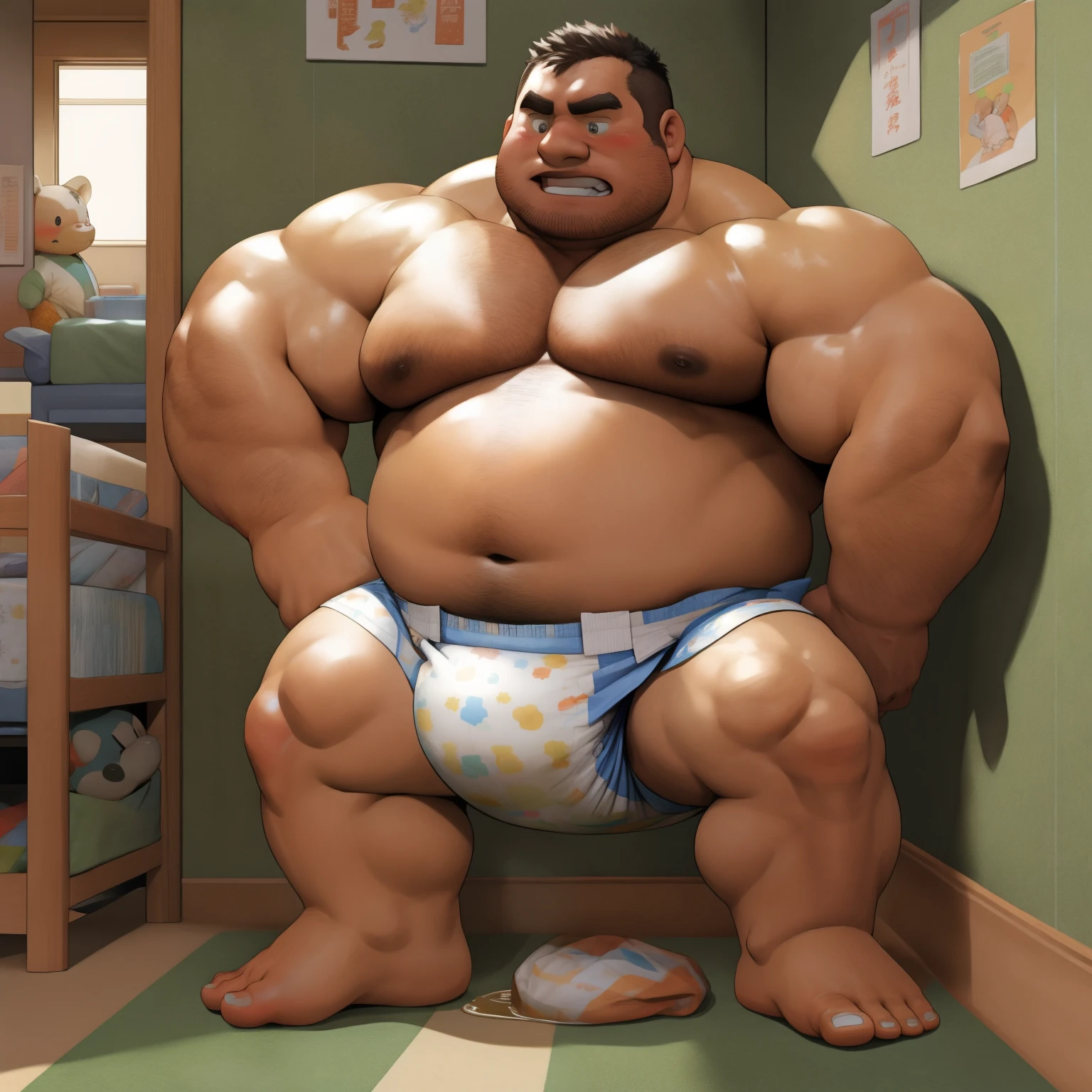masterpiece, Top quality, in 32K, perfect anatomy, hyper detailed, super fine illustration, The thick man is a brutal prisoner, retarded, hairy, human, 50yo in japan, (fatness: 1.0), Fatty muscle, Bowleg, disappointment, incontinent, be diaper check by children, There is a small puddle under him, Naked, short legs, Bowleg, spread legs, wear a White cloth Diaper, Bare belly, Bare legs, Bare foots, Bare soles, Shirtless, wide forehead and short thinning hair, Man with round face with stubble, Bare foots, Bare soles, shy, sissy, Weaker than children, Drool, Round face, He enters nursery school and is despised by children, He is made to stand attention in the corner of the playroom, corner time, He surrounded by children, Bare foots, big butt, White Diaper, sobbing, There is a small puddle under him