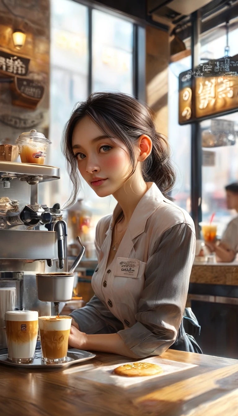 Part-time job scene、Cafe、Busy、Sense of presence、Ultra-realistic