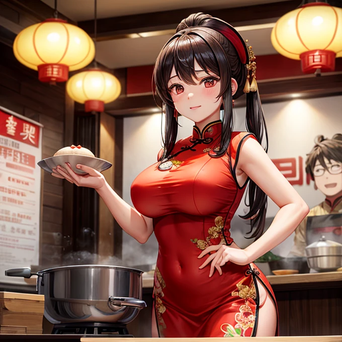 A woman in a Chinese dress making steamed meat buns at a Chinese restaurant　Giant steamer　Large Breasts