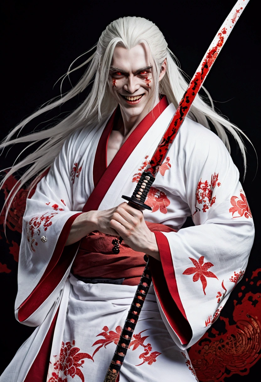 pale skin, male, long white hair, crazy bloody smile, red eyes, white kimono in blood, blade of bones from hand