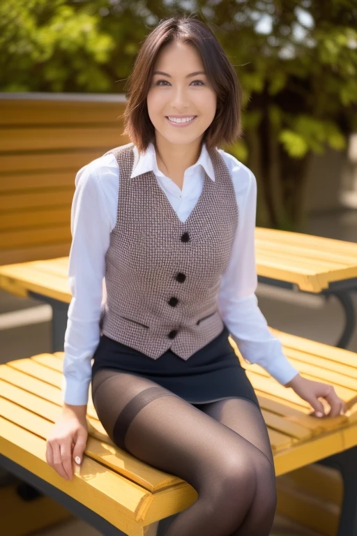 ulzzang-6500-v1.1, (RAW Photos:1.2), (Photorealistic), ((skiny:1.2)),(Genuine:1.4), 1girl、Perfect Anatomy、20 years old、Looking at the camera、Tight Skirt ,
short Hair、Plaid vest、((Sitting on a bench:1.3))、(Ultra-realistic pantyhose:1.3), (High heels)、(Business services)、