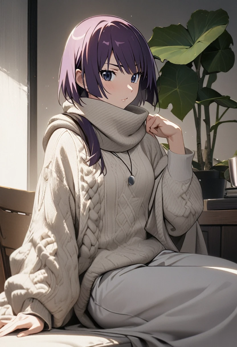 1girl, Senjougahara Hitagi, monogatari (series), masterpiece, best quality, absurdres, soft natural lighting, Nordic minimal style, Scandinavian-inspired fashion, serene pose, minimalist Scandinavian interior setting, purple hair clothing:
Oversized chunky knit sweater in off-white, with a high neck
High-waisted, wide-leg trousers in light gray wool
Minimal leather slip-on shoes in a pale beige color
Simple linen scarf draped loosely around the neck
髪型:
Short, sleek purple hair cut in a precise bob
Blunt cut with no layering
Side-swept bangs
アクセサリー:
Delicate silver ear cuff on one ear
Thin silver bangle with a minimalist geometric design
Single, small silver pendant necklace with a abstract shape
メイク:
Fresh, dewy skin with minimal coverage
Subtle highlight on cheekbones for a natural glow
Clear lip balm for a natural lip look
Groomed, natural-looking eyebrows pose and environment:
Sitting comfortably on a minimalist wooden chair
Backdrop of a clean, white wall with a single piece of abstract art
Large window showing a serene snowy landscape
Potted fiddle leaf fig plant in the corner
小物:
Simple, leather-bound book held in hand
Sleek, minimal watch with a white face and leather strap
Handcrafted ceramic mug with a geometric pattern
Natural wool throw blanket draped over nearby furniture
