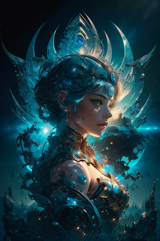 intricate ornate anime cgi style, super detailed fantasy characters, 4K highly detailed digital art, karol bak uhd, cyborg goddess in cosmos, beautiful digital works of art, 2. 5 d cgi anime fantasy artwork, Goddess. extremely high detail, portrait of cyborg queen, extremely detailed goddess shot, Half body machine, Inorganic, Next generation high performance cyborg, Goddess of Machines, The perfect cyborg, A masterpiece created by ultra-high performance AI, Best Quality, Perfect Angle, perfect-composition, sharp outline, Best Shots, perfect shapes, perfect model style, Very beautiful and detailed eyes, Hollow eyes