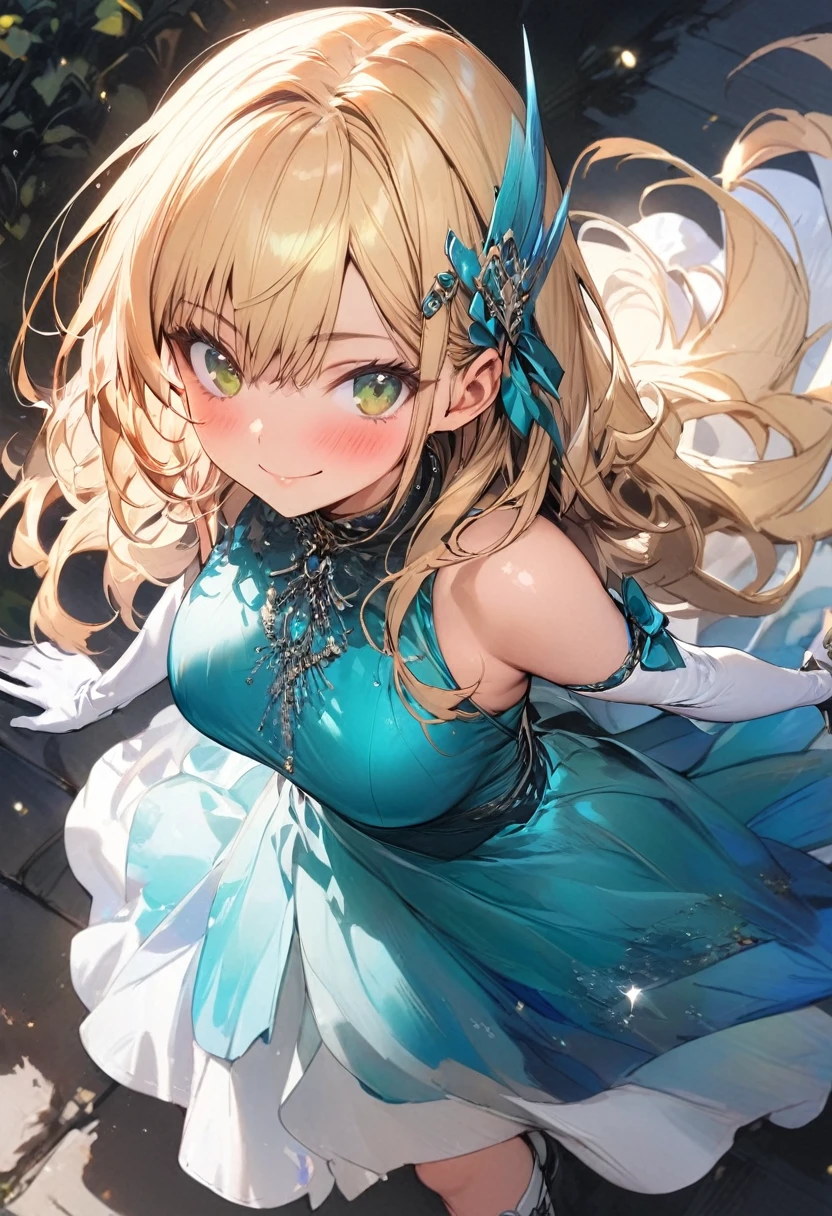 (masterpiece),(best quality),(ultra-detailed),(best illustration),(best shadow),(absurdres),(detailed background),(very aesthetic), 1girl, green-eyes, solo, gloves, blonde-hair, ((long-hair)), white-gloves, looking-at-viewer, full-body, simple-background, boots, dress, breasts, smile, standing, hair-ornament, closed-mouth, bangs, outstretched-arms, knee-boots, medium-breasts, bare-shoulders, detached-sleeves, ribbon, headgear, blush, sleeveless, elbow-gloves, skirt