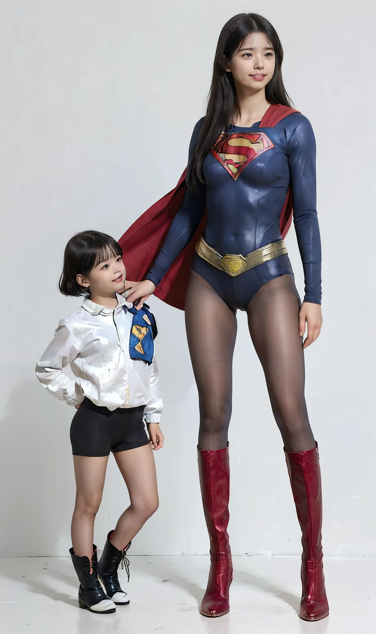 No background、Next to Supergirl is an elementary school boy、(((Beautiful short haircut)))、(((Beautiful legs in black tights.)))、(((Legally express the beauty of your smile)))、((((Make the most of your original images)))、(((体にぴったりフィットするSupergirl Costume)))、(((Supergirl Costume)))、(((short and beautiful hair)))、(((suffering)))、(((Please wear black tights....、Wear red boots)))、((Best image quality、8k))、((Highest quality、8k、masterpiece:1.3))、(((Preserve background )))、Sharp focus:1.2、Beautiful woman with perfect figure:1.4、Slim Abs:1.2、Wet body:1.5、Highly detailed face and skin texture、8k