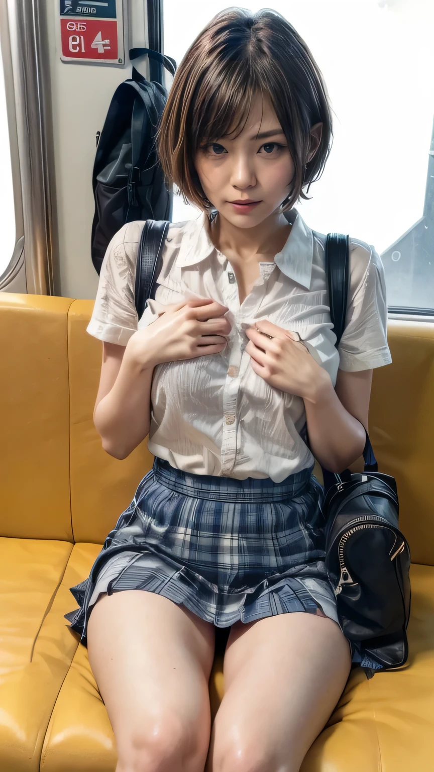 (High school girl sitting on a seat in a Japanese train:1.2、Sit in a chair on the train、face to face)、((school uniform、White blouse、(Navy blue checked pleated skirt:1.2)、Navy blue socks、loafers、Detailed white panties)、(Sports Bags、The strap of the bag passes between the chest、paisla:1.5)、(Realistic、Like a photograph、Live Action、8k, Realistic, RAW Photos, Best image quality: 1.4), Single-lens reflex camera、RAW Photos, Highest quality, Realistic, Highly detailed CG Unity 8k wallpaper, Written boundary depth, Cinematic Light, Lens flare, Ray Tracing, Realistic background、((Ultra-Dense Skin))、 16 year old girl after school,Cute Japanese Girl、(whole body:1.5)、Very detailedな顔,avert your eyes:1.1、(short hair:1.2、Shortcuty hair is blowing in the wind:1.4)、I like that style、stylish、Very detailed、Pay attention to the details、Perfect outfit、(Sunburned skin)、View from above、Accurate hands、Accurate legs、Detailed hands and fingers、Anatomically correct body、Thin legs、Thin thighs、Small breasts、Super detailed face