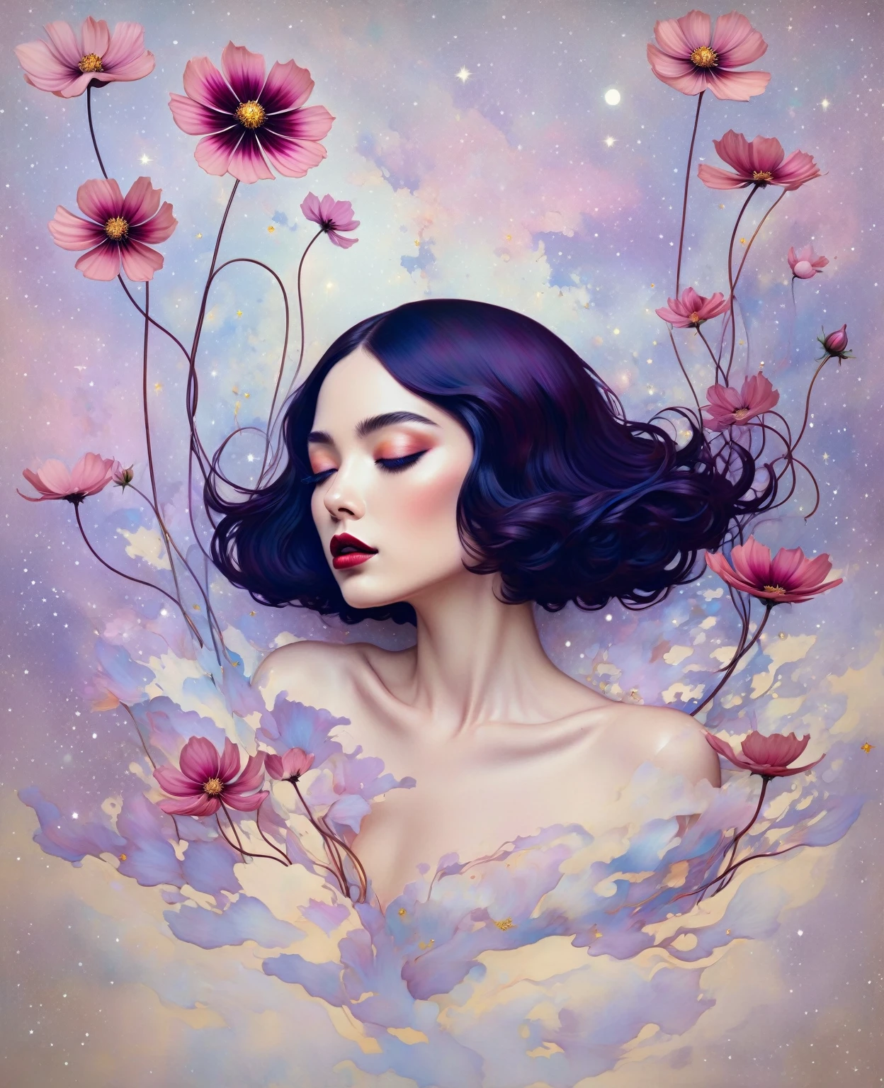 chiaroscuro technique on sensual illustration of an elegant , retro and vintage ,Chocolate Cosmos (Cosmos atrosanguineus) around body, matte painting, by Hannah Dale, by Harumi Hironaka, extremely soft colors, vibrant, pastel, highly detailed, digital artwork, high contrast, dramatic, refined, tonal, golden ratio,